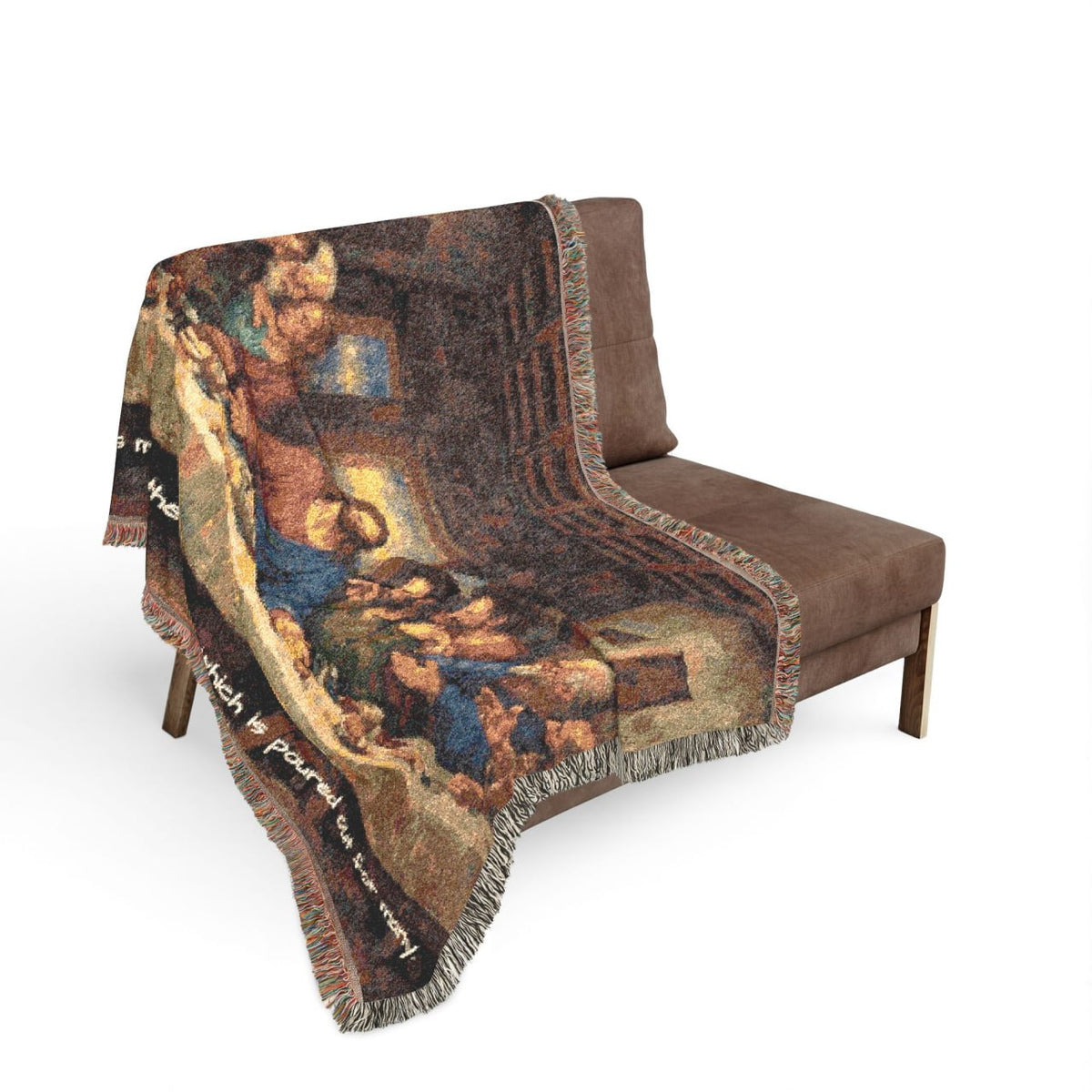 The Last Supper woven blanket draped over a chair