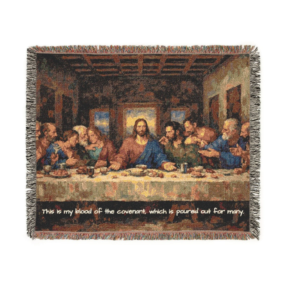 The Last Supper woven blanket — full front view with fringe